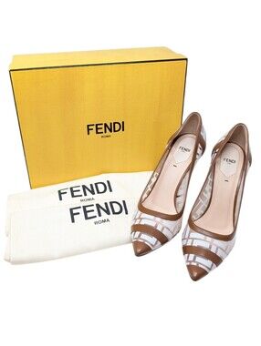 Fendi Colibri White Cuoco Calfskin FF Pointed Toe Gold Heels Pumps Size EU 41